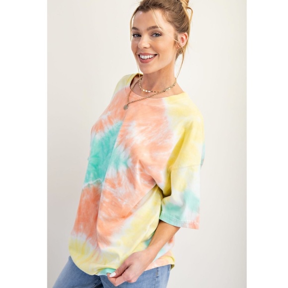 109. NWT Easel Tie-Dye Short Sleeve Tee - Coral, Mint Green, Yellow, White - Picture 4 of 6